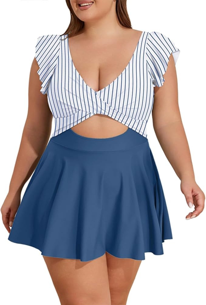B2prity Women's Plus Size Swimsuit Tummy Control One Piece Swimdress Ruffle V Neck Cutout Wrap Ba... | Amazon (US)