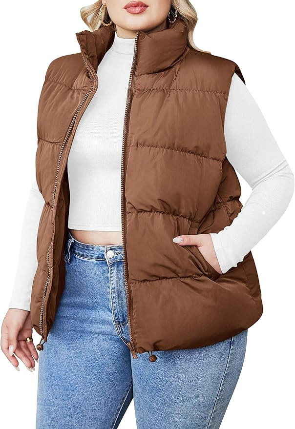 IN'VOLAND Women's Plus Size Zip Up Puffer Vest Stand Collar Outerwear Sleeveless Padded Jacket Co... | Amazon (US)