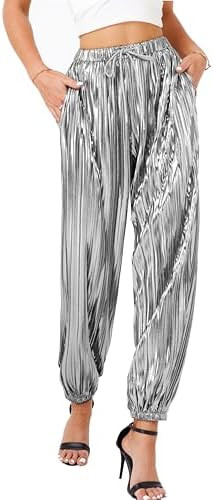 heipeiwa Women's Metallic Pleated Sequin Shiny Joggers Pants Party Club Wear Sweatpant Trouser | Amazon (US)