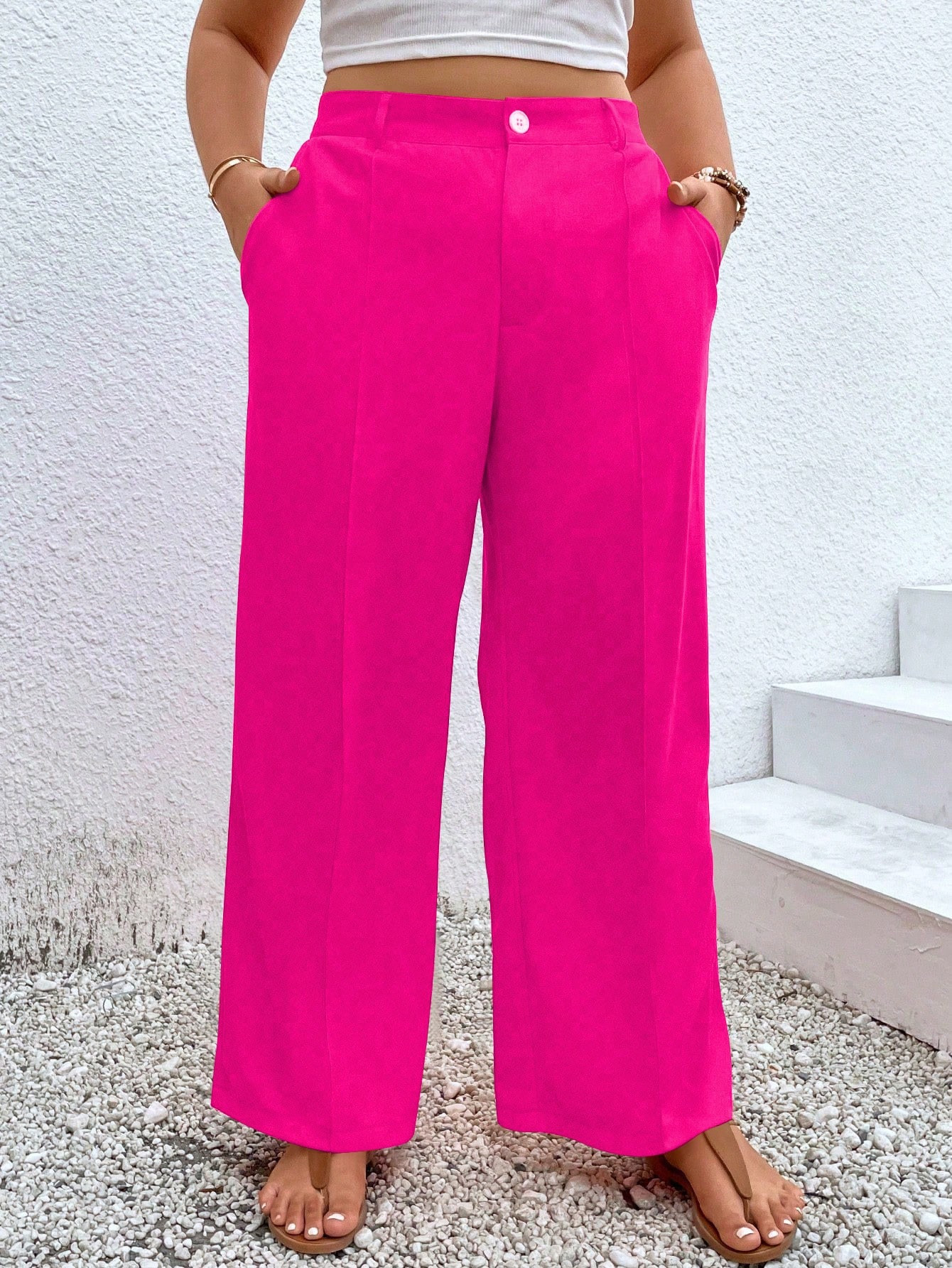 SHEIN LUNE Plus Solid Slant Pocket Wide Leg Pants | SHEIN