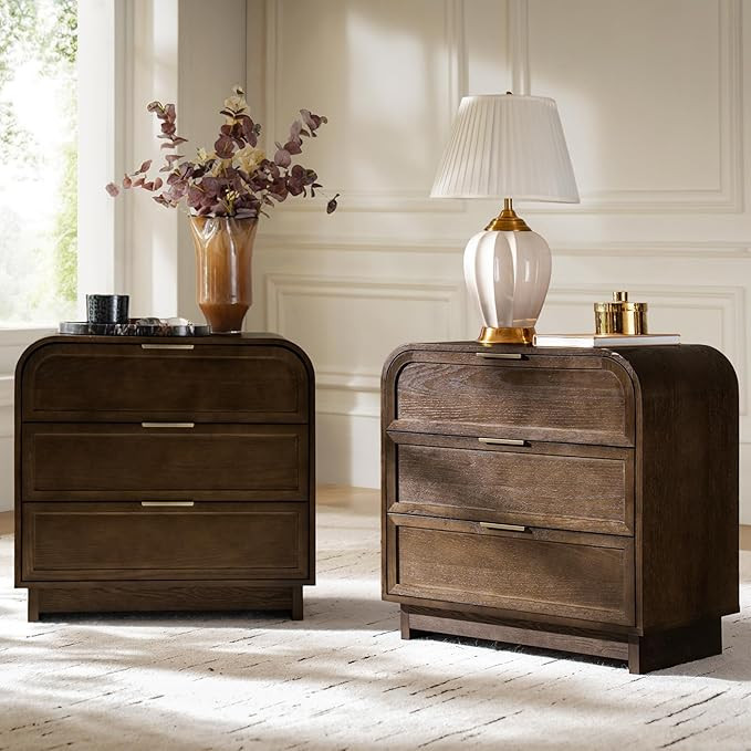 HULALA HOME Mid Century Modern End Table with Charging Station, 3 Drawers End Table with Solid Wo... | Amazon (US)