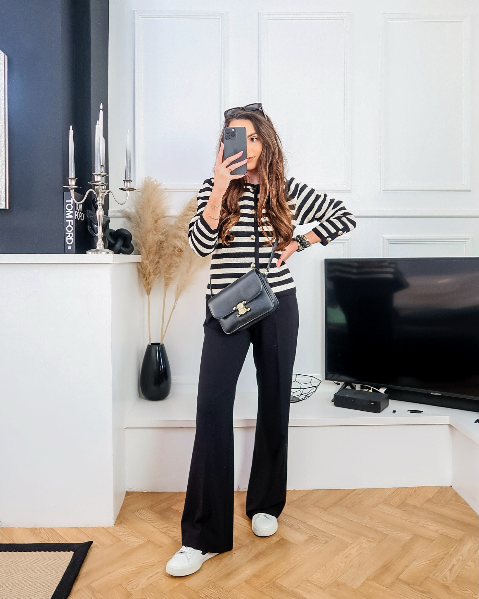 Living in this outfit 🖤🫶🤍 ways to wear a striped cardigan, hm cardigan, old money style, black and white striped, monochrome outfit, black and white outfits, cardigan gold buttons, classic style, simple styling 

#LTKworkwear #LTKstyletip #LTKeurope