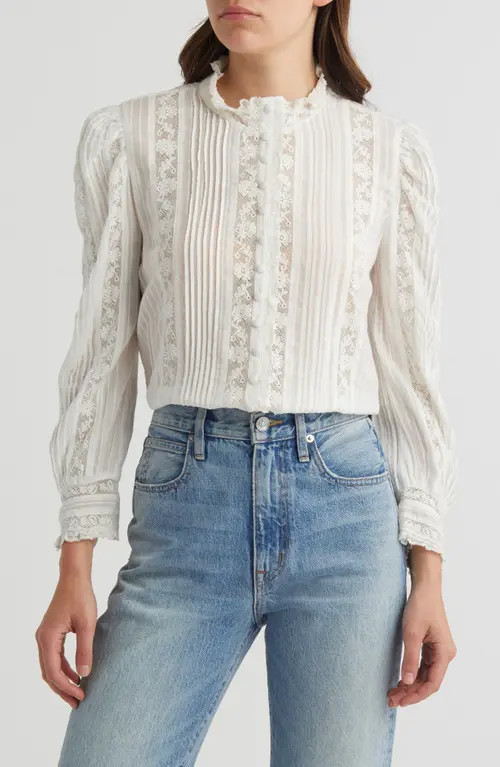 LoveShackFancy Jacque Lace Inset Button Front Shirt in True White at Nordstrom, Size X-Small | Nordstrom