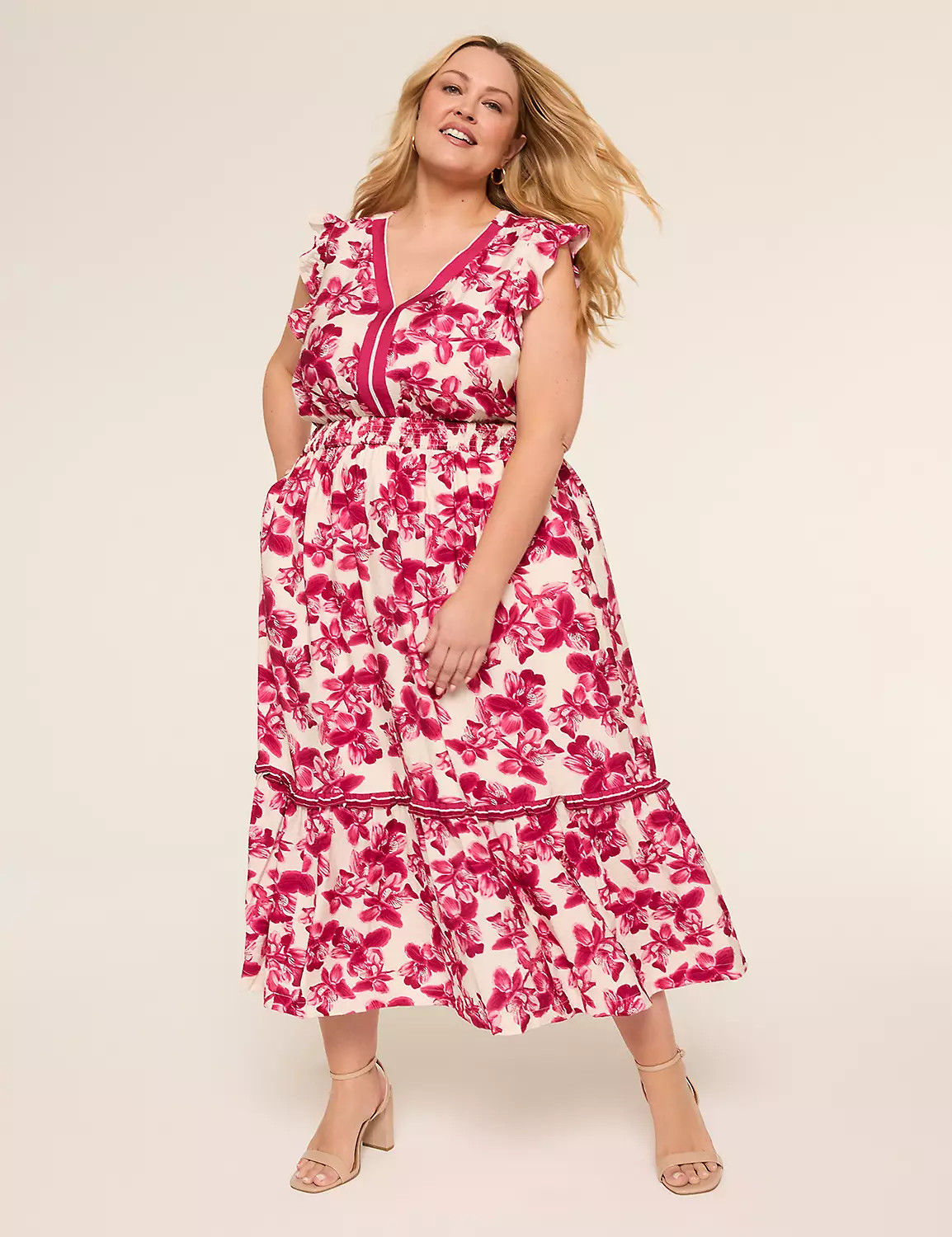 V-Neck Flutter Sleeve Ruffle Maxi Dress | Lane Bryant (US)