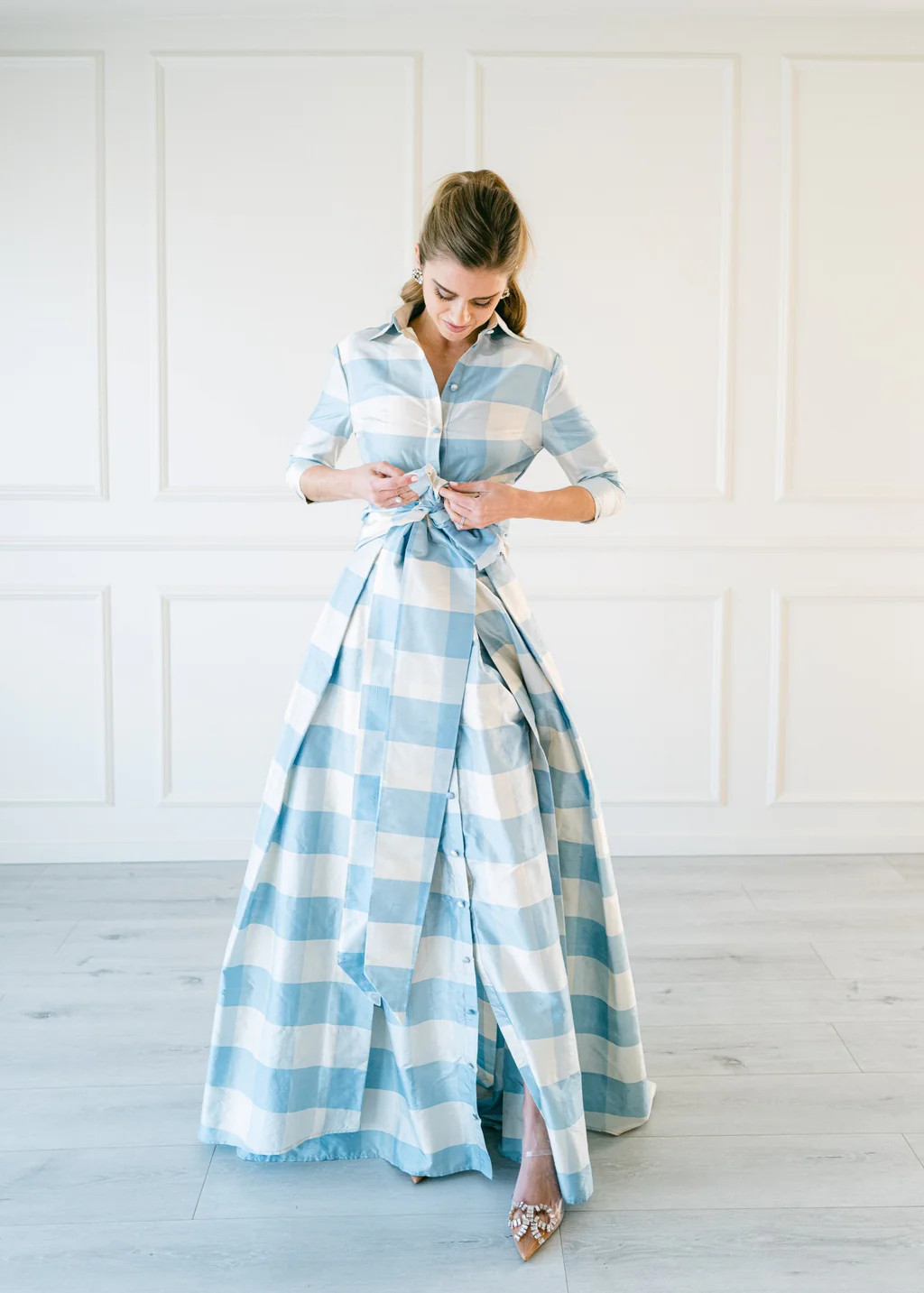 Effortlessly Elegant Gown in Large Blue Check | Over The Moon
