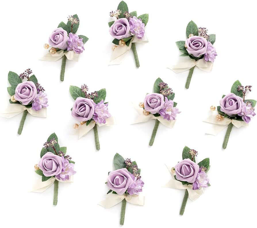 Ling's Moment Lilac & Cream Boutonniere for Men Wedding with Pins-Set of 10-Groom and Groomsmen B... | Amazon (US)