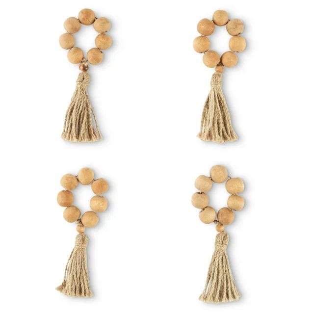 Better Homes & Garden Wood Bead and Tassel Napkin Rings, Natural, 2.5"W x 6"L, 4 Pieces | Walmart (US)