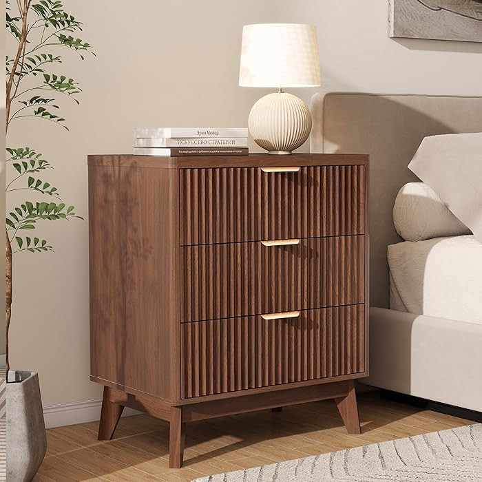 LYNCOHOME Fluted Nightstand with 3 Drawers, Modern Wood Chest of Bedside Table with Curved Profil... | Amazon (CA)