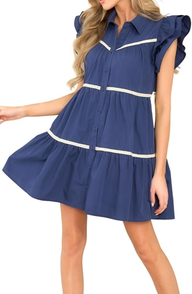 Women's Casual Short Flutter Sleeve Tiered Mini Babydoll Swing Dress | Amazon (US)