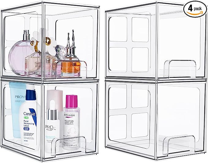 Vtopmart 4 Pack Stackable Makeup Organizer Storage Drawers, 6.6’‘ Tall Acrylic Bathroom Organ... | Amazon (US)