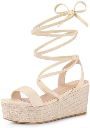 Allegra K Women's Lace Up Wedge Heel Slingback Platform Strappy Sandals | Amazon (US)