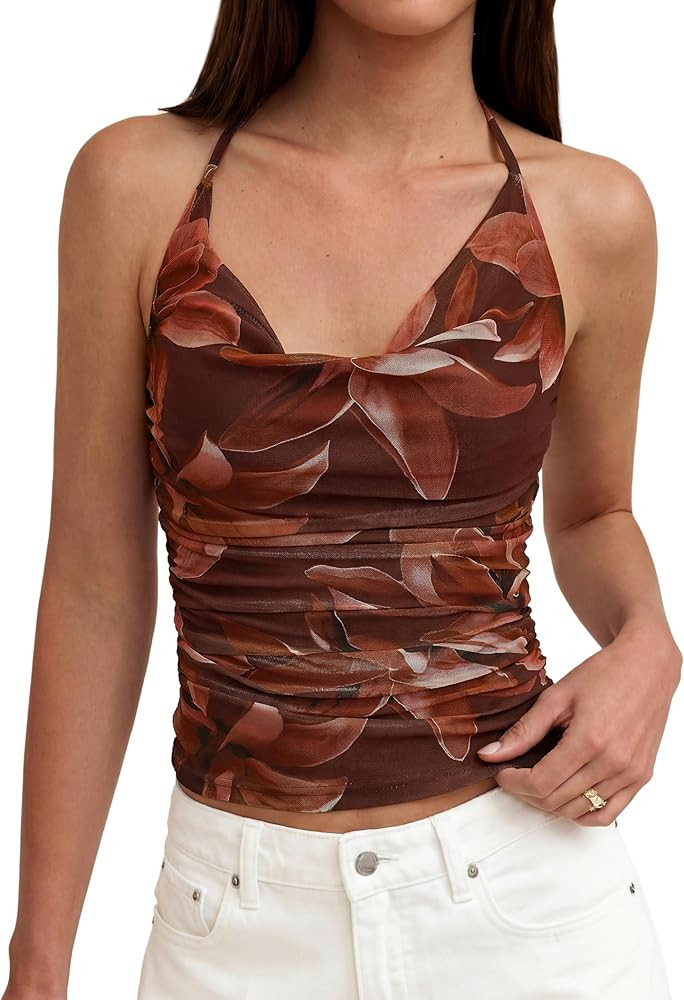 MASCOMODA Summer Floral Cowl Neck Halter Tops for Women Trendy Going Out Sexy Boho Mesh Backless ... | Amazon (US)