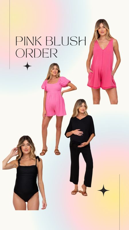 Pink Blush Maternity Order: Puff sleeve hot pink romper, hot pink tank romper, black two piece set, black one piece maternity swimsuit 

#LTKbump #LTKunder100