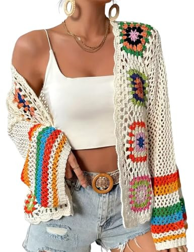 Gihuo Women Bohemian Floral Crochet Cardigan, Hollow Out Long Sleeve Open Front Sweater Cardigan, Multicolor Granny Square (Apricot-L) | Amazon (US)