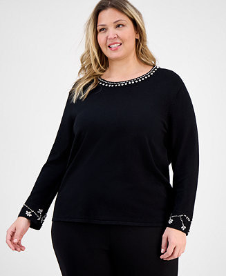 Anne Klein Plus Size Embellished Bracelet-Sleeve Sweater - Macy's | Macy's
