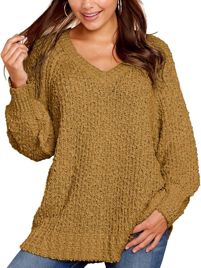 KIRUNDO Women’s Winter Fuzzy Popcorn Sweater V Neck Long Sleeves Loose Fit Sweatshirt Solid Top... | Amazon (US)