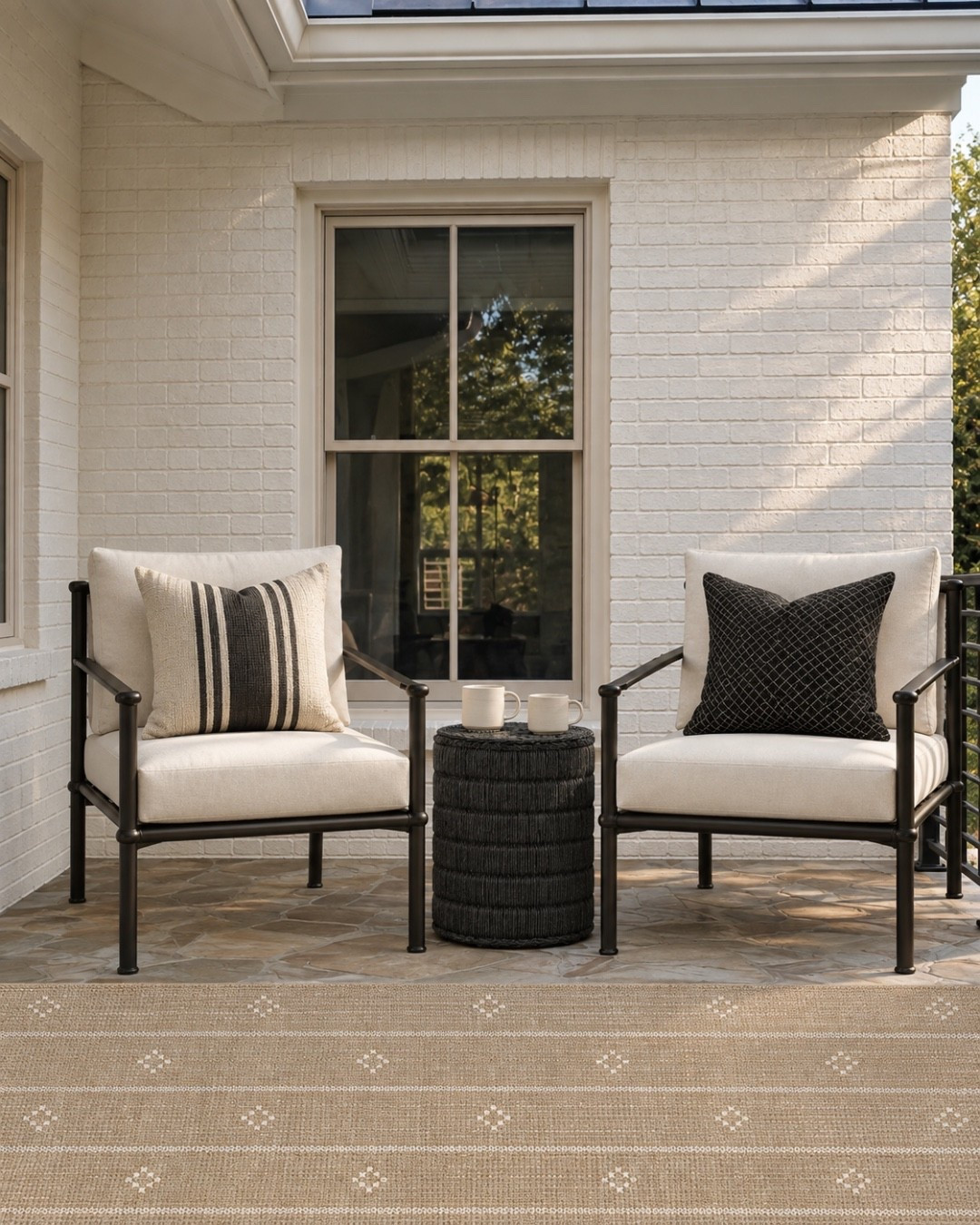 A cozy, collected porch retreat thah layers warm textures, timeless neutrals, and effortless outdoor style. 
🖤🖤
Patio, porch, porch furniture, outdoor furniture, outdoor decor, outdoor living, outdoor table, outdoor pillows, outdoor decor, McGee and co, pottery barn