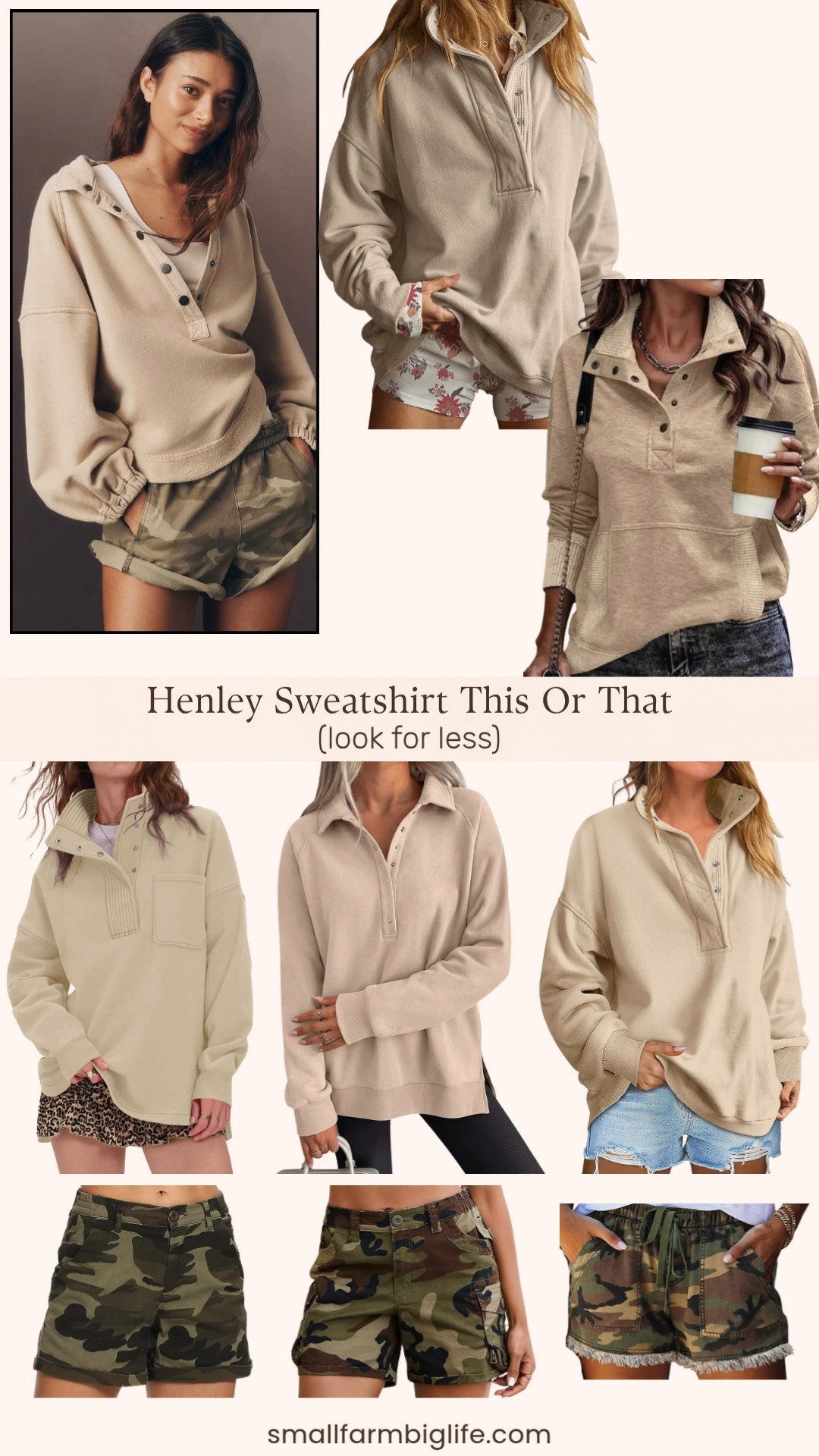 This Pilcro Project Canyon henley top from Anthropologie in semolina is so cozy but the $128 price tag had me hunting for a look for less, and Amazon delivered several close matches in the same neutral tones.

Closest in style is this khaki oversized henley sweatshirt with a quilted placket detail for $38, plus a parchment mock neck henley with a soft fleece button up front for $32.

More options include a khaki lightweight stand neck sweatshirt with a button drawstring pullover for $24, a khaki oversized snap button henley with a high low hem for $38, and a parchment collared V neck henley with a cozy side slit fleece for $25.

The model is wearing it with camo shorts, which Anthropologie no longer carries, so I tracked down a few Amazon options in the same trend: dressy casual camo shorts with an elastic waist for $32, high waisted stretchy camo cargo shorts for $33, and a drawstring cut off camo jean short with a raw hem for $24.

Splurge or save, which one would you pick?

#henleysweatshirt #camoshorts #falloutfits #amazonfashionfinds #lookforless 

 #LTKootd #LTKActive #LTKOver40