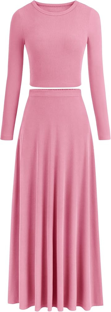 PRETTYGARDEN Women's 2 Piece Outfits Dressy Casual Ribbed Knit Long Sleeve Crop Tops Maxi Flowy S... | Amazon (US)