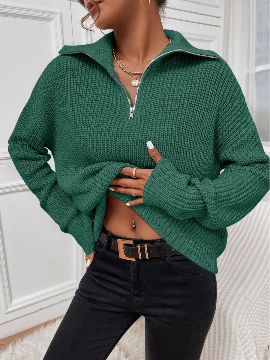 Ribbed Knit Half Zipper Drop Shoulder Sweater
   
      SKU: sw2110269717740085
          
      ... | SHEIN