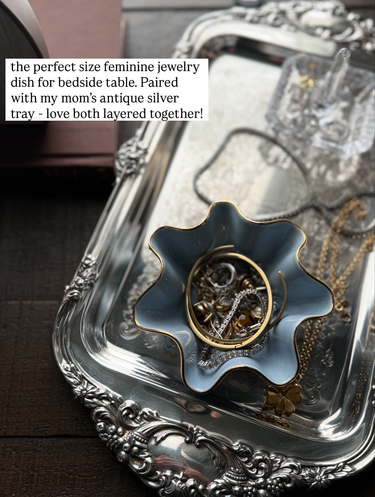 Classic home interiors, timeless home decor, Nancy Myers aesthetic. Antique silver tray styled with a pretty French blue Susan Gordon pottery wavy bowl. Perfect for jewelry and knickknacks on your bedside table! ￼

#LTKHome