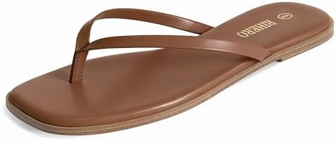 Rihero Flip Flops for Women Comfortable Square Toe Beach Sandals Slip On Leather Thong Flat Sanda... | Amazon (US)
