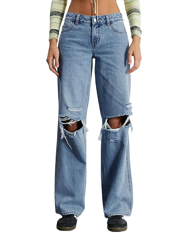 Womens Mid Waisted Wide Leg Jeans Distressed Baggy Boyfriend Denim Pants. | Amazon (US)