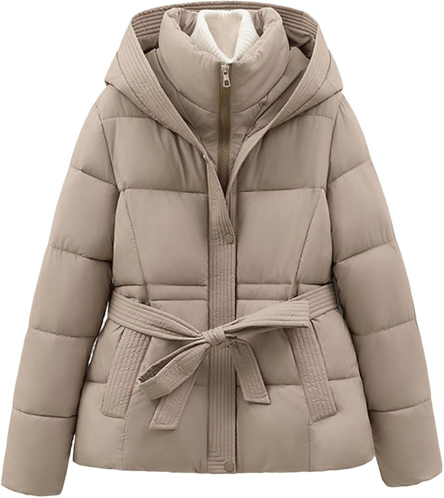 Women's Puffer Jackets Warm Winter Hooded Zip Quilted Cotton Coat Long Sleeve Padded Down Belted ... | Amazon (US)