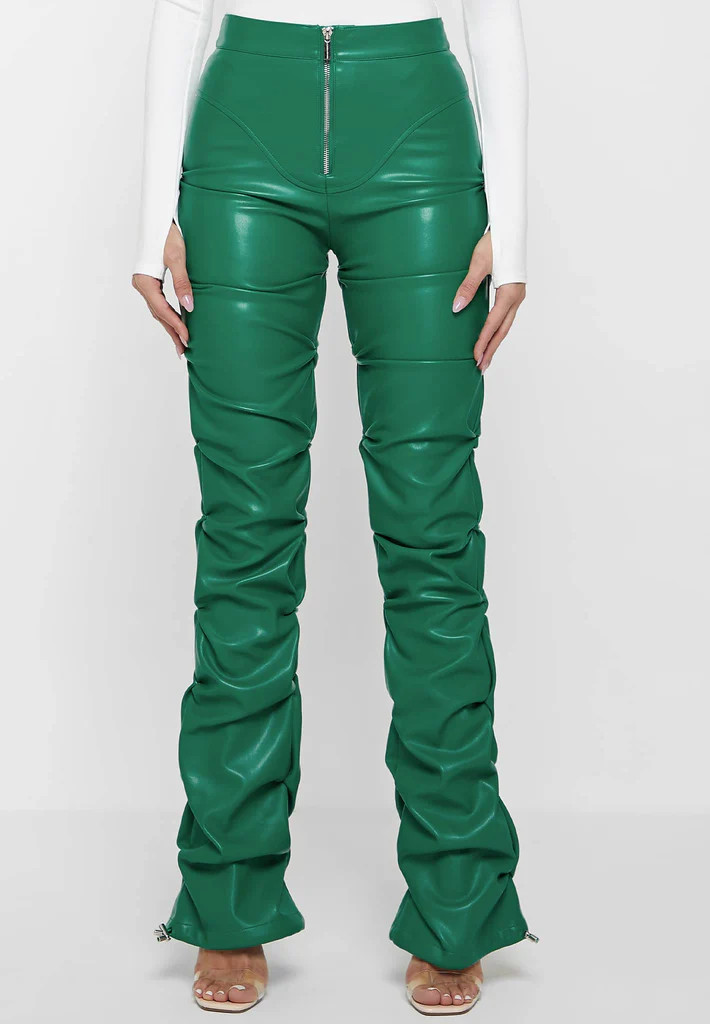 Tacked Vegan Leather Flared Trousers - Green | Maniere De Voir