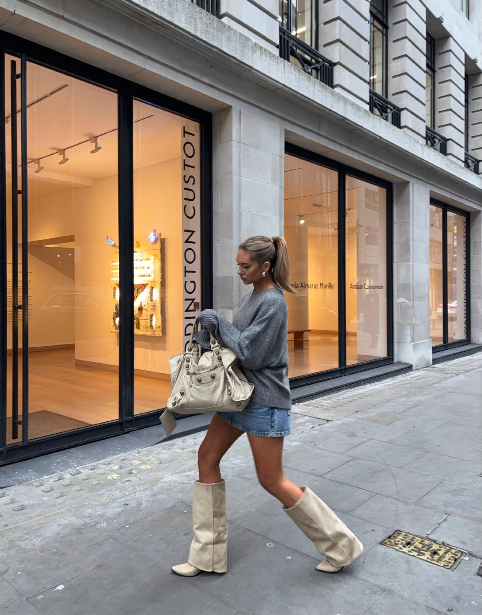 Zara grey jumper, Mango denim mini skirt, Balenciaga cream city bag, Whitefox fold over boots in suede cream