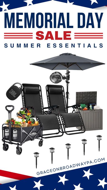 Get ready for summer with these awesome essentials! We're talking comfy loungers, a chic umbrella to keep you cool, a handy garden wagon, and even some stylish solar lights to set the mood. Oh, and don't forget the portable JBL speaker for those perfect summer tunes. 🎵Everything you need for the ultimate backyard chill-out session is right here. Head over to graceonbroadwaypa.com and snag these deals before they're gone! 🛒✨ #MemorialDaySale #SummerEssentials #GraceOnBroadway #SummerVibes

#LTKHome #LTKFamily #LTKSaleAlert
