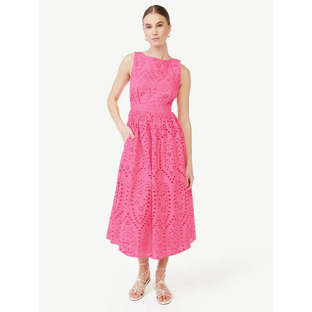 Scoop Women's Sleeveless Eyelet Bow Back Fit and Flare Midi Dress | Walmart (US)
