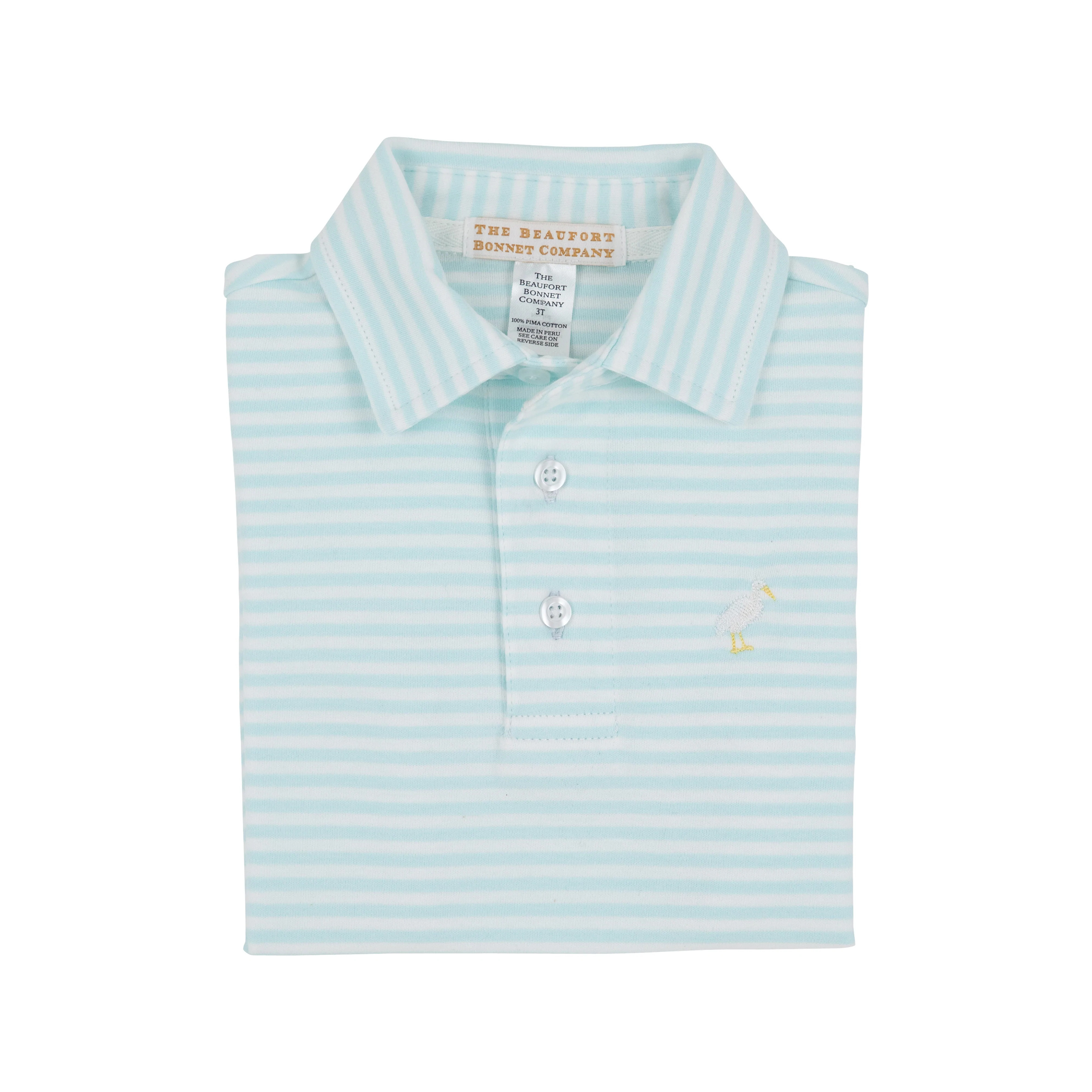 Prim and Proper Polo - Sea Island Seafoam Stripe with Multicolor Stork | The Beaufort Bonnet Company