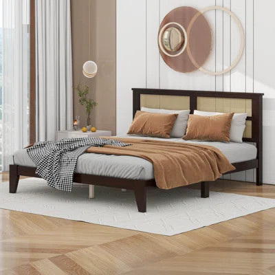 Queen Size Wooden Bed For Enhanced Comfort, Stylish Rattan Headboard | Wayfair North America