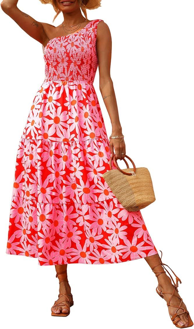 BTFBM Women One Shoulder Sleeveless Casual Summer Dresses Smocked High Waist Floral Print Boho Pleat | Amazon (US)