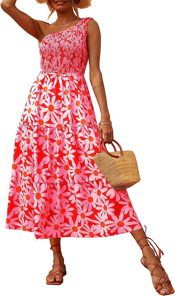 BTFBM Women One Shoulder Sleeveless Casual Summer Dresses Smocked High Waist Floral Print Boho Pleat | Amazon (US)