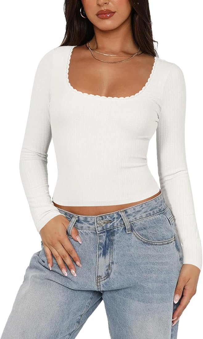 REORIA Womens Long Sleeve Shirts Basic Crop Tops Square Neck Slim Y2K Fit Fall Winter Cute Clothe... | Amazon (US)