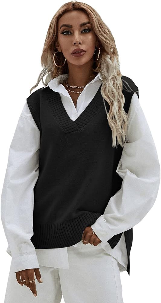 SweatyRocks Women's Sleeveless V Neck Ribbed Knit Split Pullover Sweater Vest | Amazon (US)