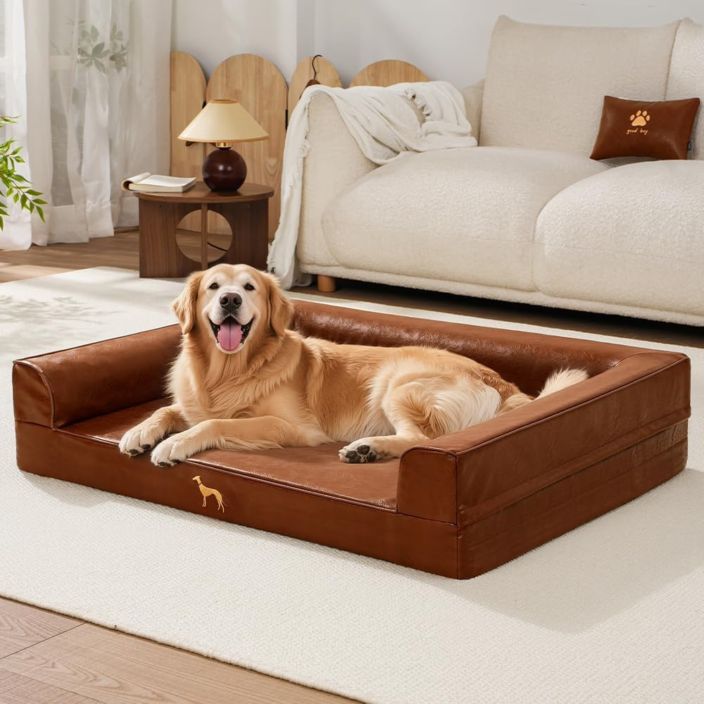 SOMAHE Waterproof Leather Dog Bed, Sofa Bolster, Large 35x28x7 Brown | Amazon (US)
