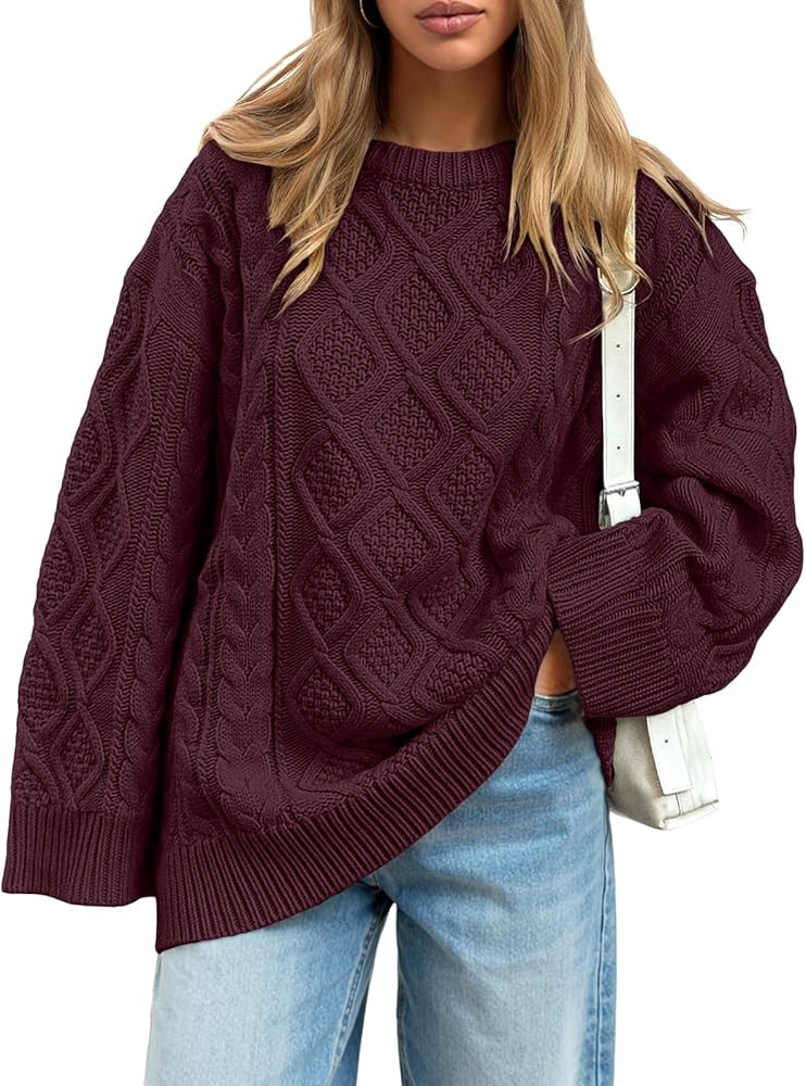 Trendy Queen Women's Oversized Cable Knit Crewneck Sweaters Cozy Winter Clothes | Amazon (US)