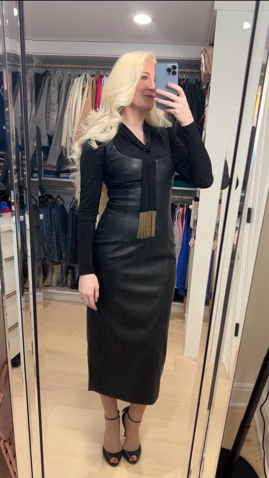 Sunday is usually a day off, but today it was for a bridal show!! Was inspired by a creator for this outfit- layering fun tops under this Meshki faux leather dress. Everything in this video is from a while ago (the top is well over 10 years old)! 
•
Actual pieces: 
Dress: Meshki Cynthia Faux Leather Midi Dress
Top: Michael Kors Tie Neck Tassel Top
Shoes: Christian Louboutin Dos Noeud


#LTKootd #LTKTall #LTKdayinmylife