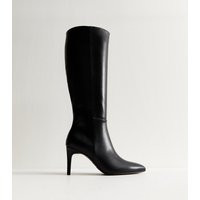 Women's Black Faux Leather Zip Up Stiletto Knee High Boots Vegan New Look | New Look (UK)