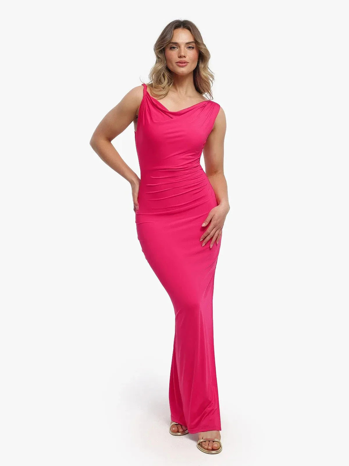 Shapewear Cowl Neck Solid Ruched Sculpting Maxi Dress Pink / 3XL | Popilush