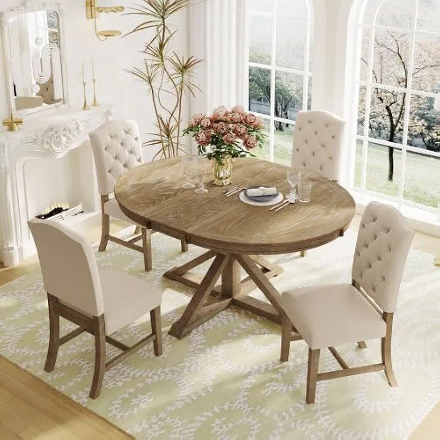 Wood Dining Table Extendable Round Dining Table for 4 to 6 Kitchen Table,Country Rustic Dinner Ro... | Amazon (US)