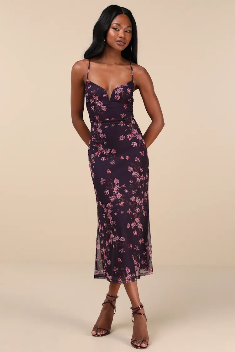 Total Crush Purple Floral Print Mesh Lace-Up Midi Dress | Lulus