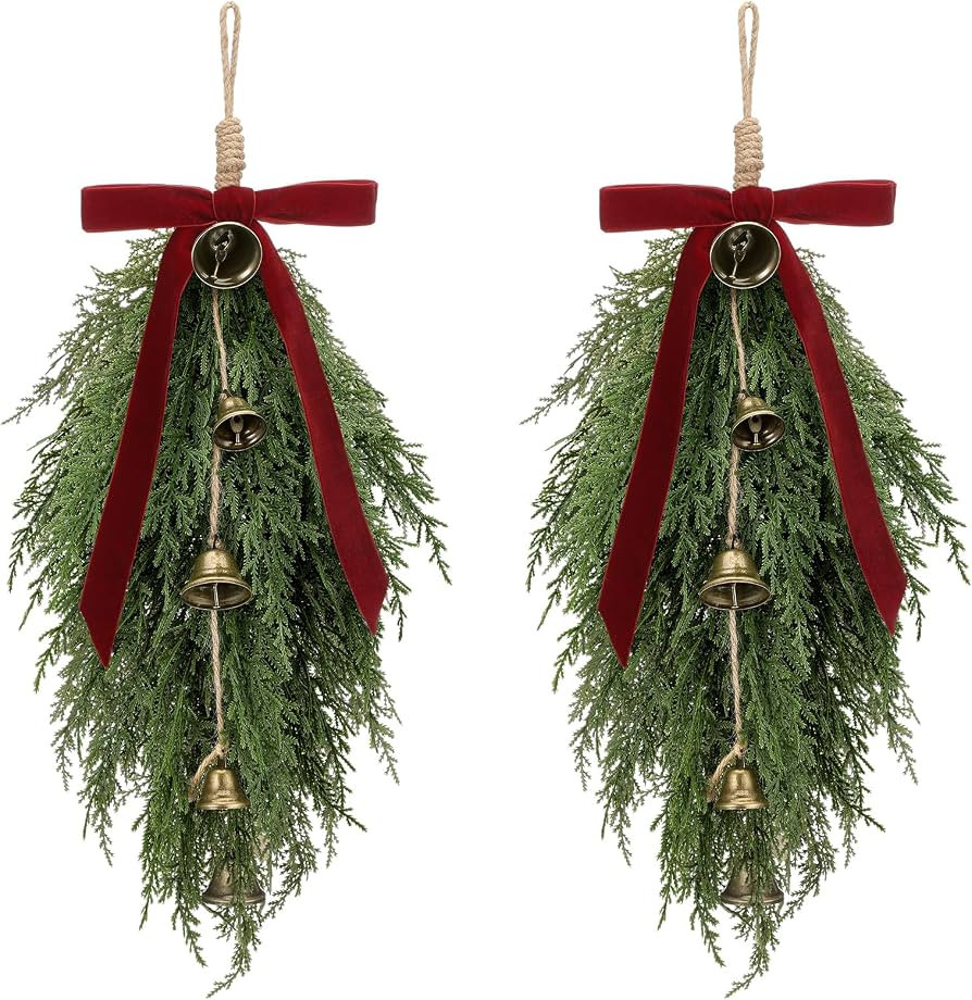 Shihanee 2 Pack Christmas Cedar Teardrop Swag Velvet Bow Bells, Burgundy | Amazon (US)