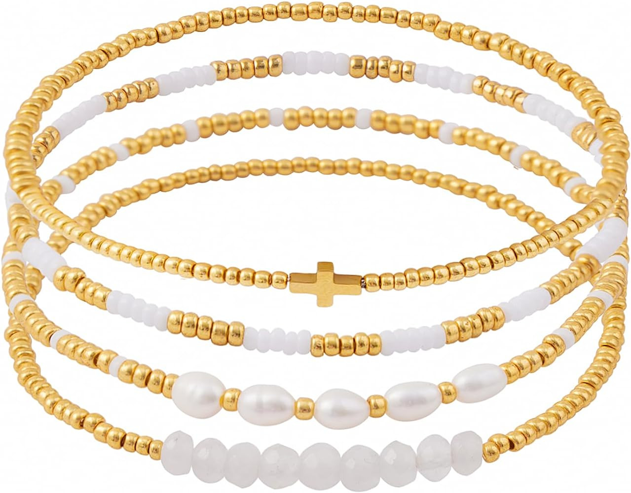 Dainty Gold Plated Pearl Crystal Beaded Bracelets Set for Women 14K Gold Plated Bead Pearl Beads ... | Amazon (US)