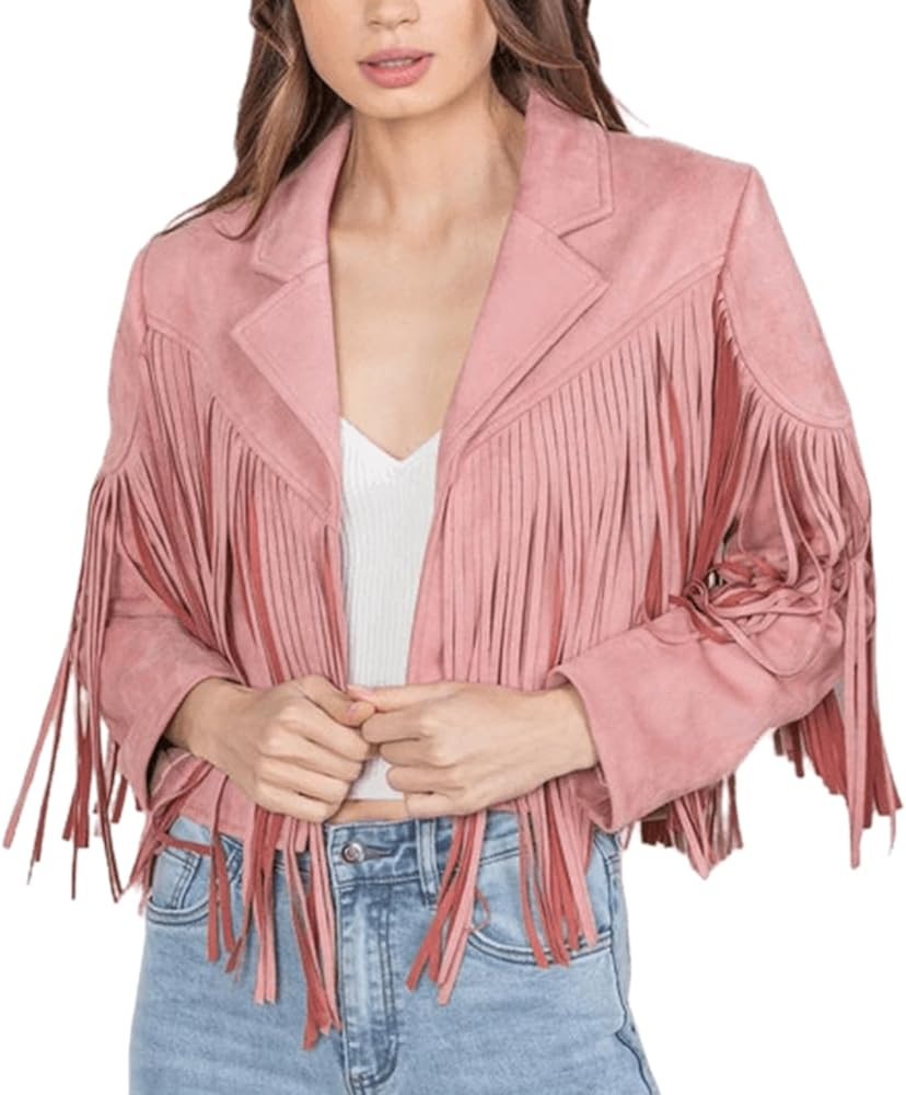 REVEROF Women's Faux Suede Leather Fringe Jacket Short Open Front Tassel Coat | Amazon (US)