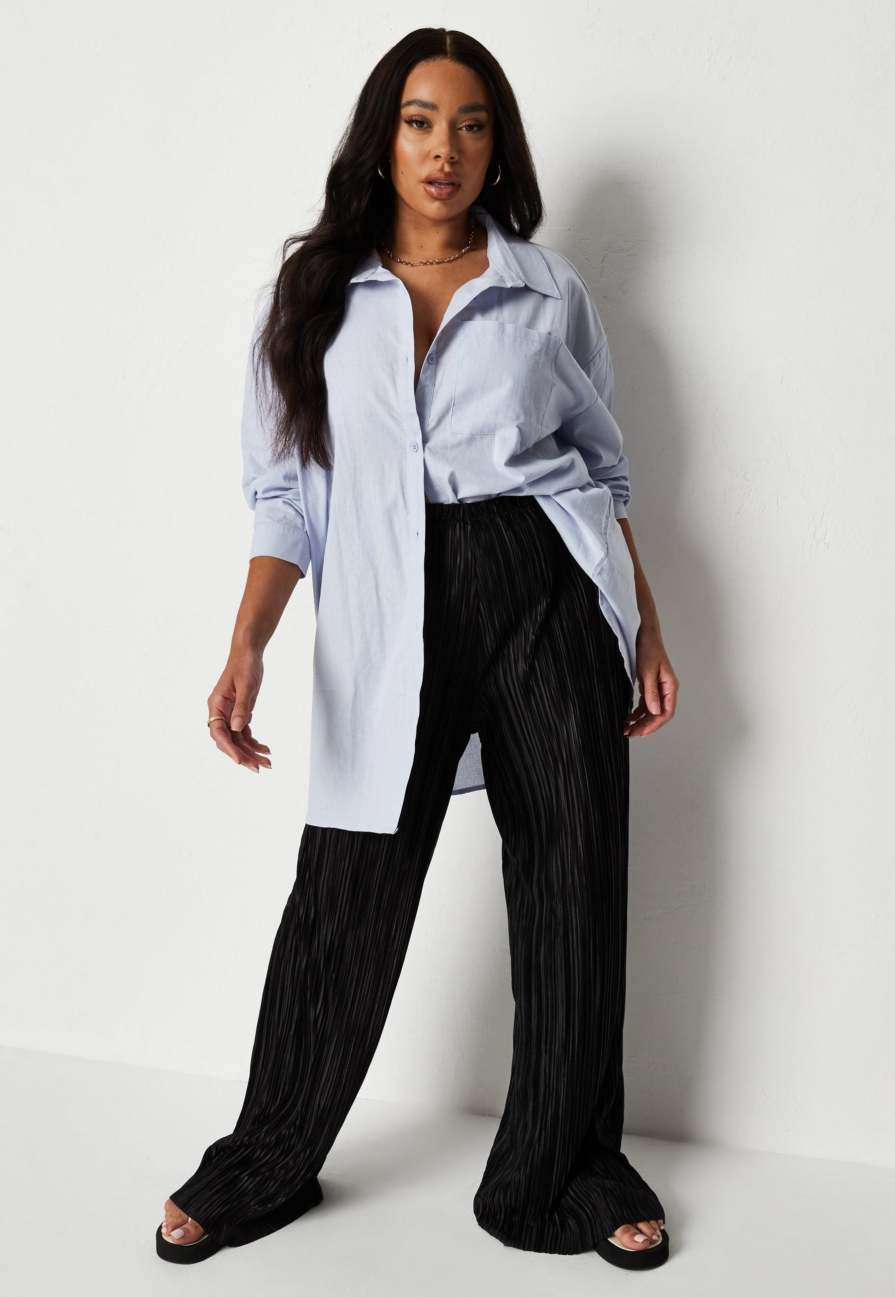 Plus Size Black Plisse Wide Leg Trousers | Missguided (UK & IE)
