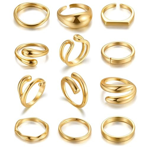 iF YOU 12 Pcs Gold Chunky Ring Set for Women, Knuckle Stackable Finger Midi Rings, Simple Stacking Cute Rings Pack Trendy Stuff Jewelry Gift (12 Chunky gold rings) | Amazon (US)